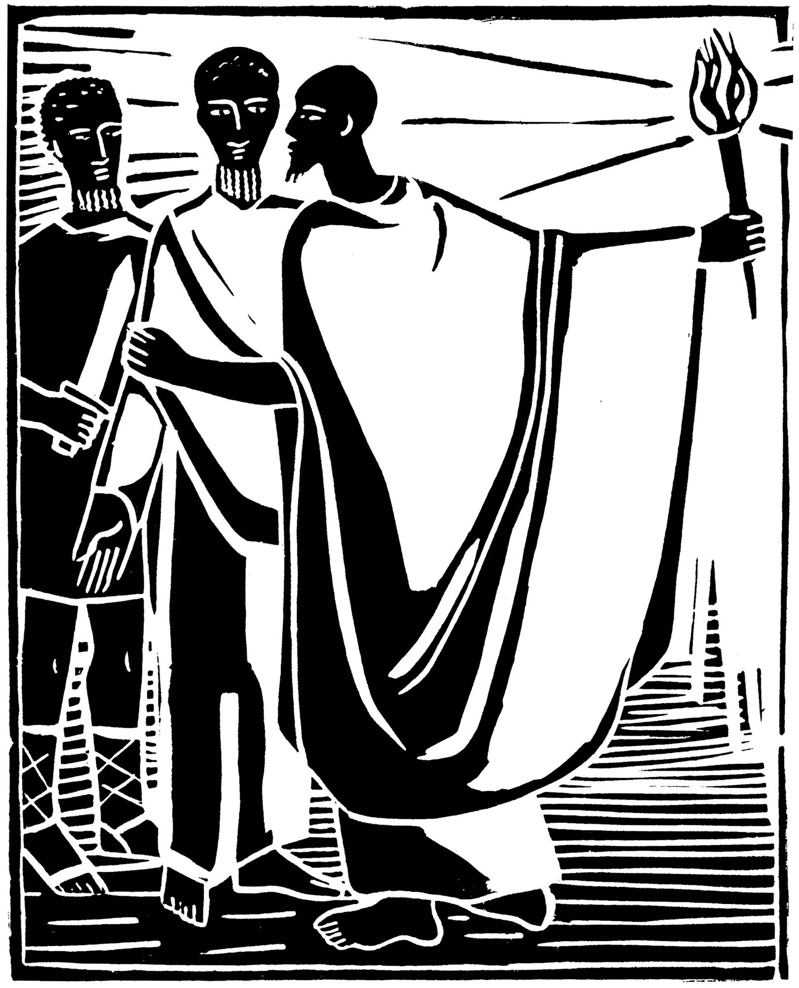 betrayal of Judas black and white drawing of three men one holding a torch