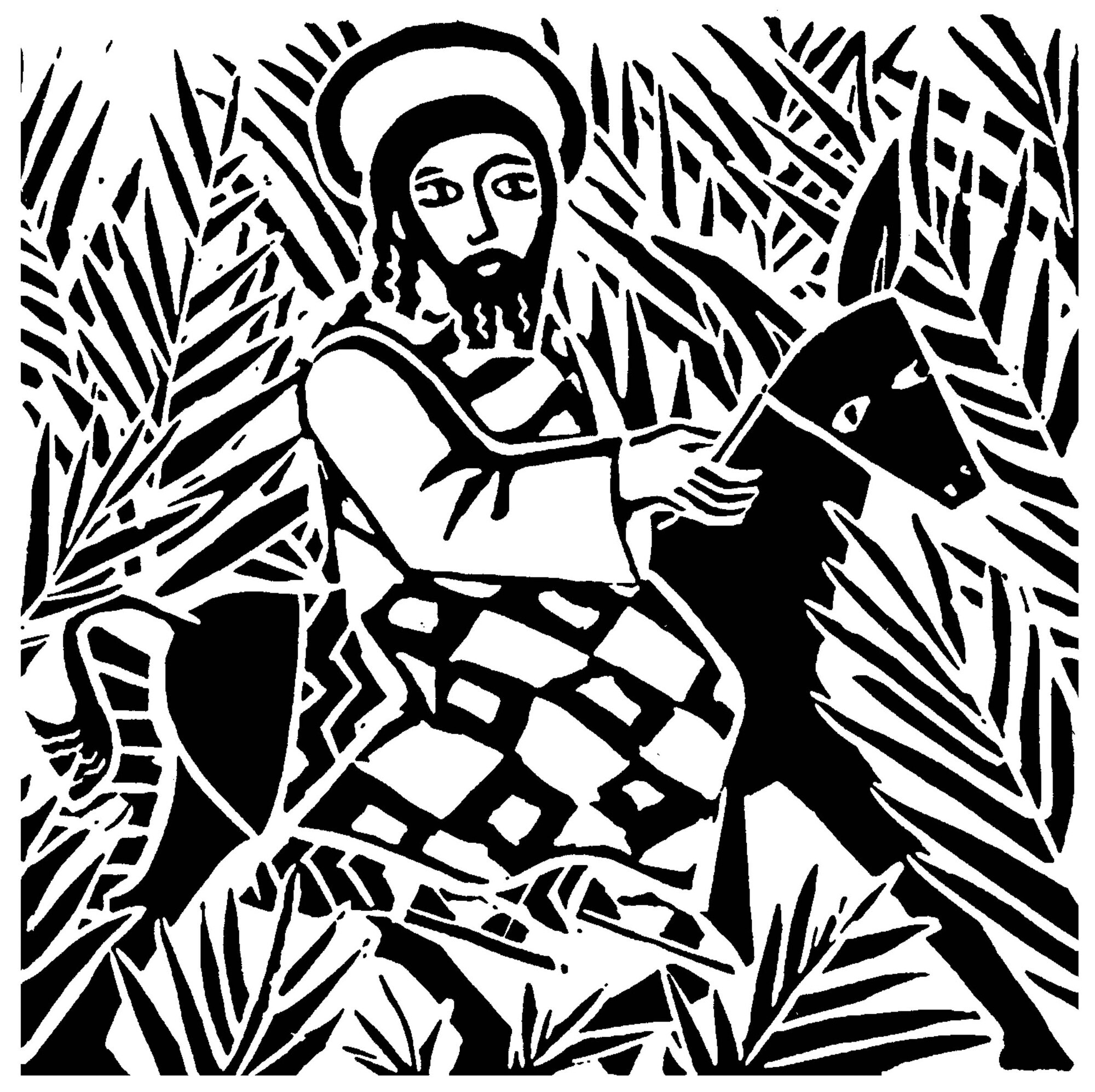 Black and white artwork of Jesus riding on a donkey surrounded by palm branches
