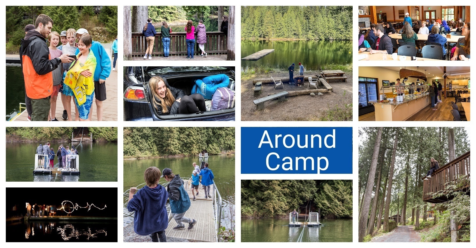 collage of photos of youth around a retreat center in the woods and by a lake