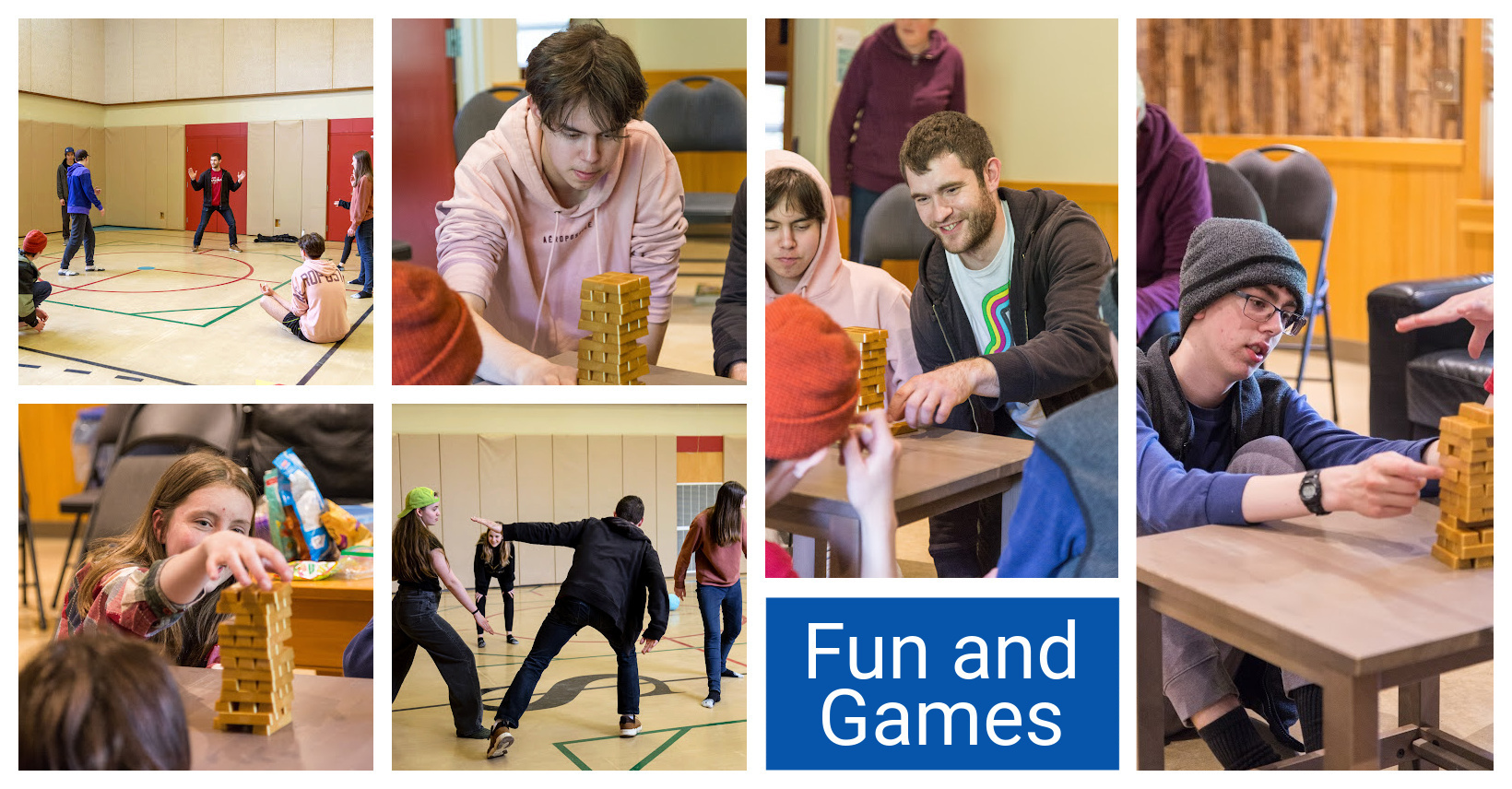 youth playing jenga and games in a gym