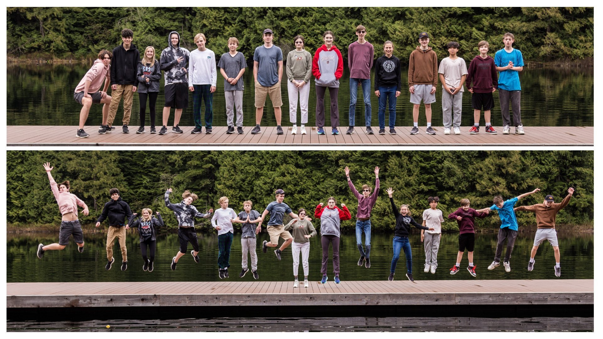 Group photos of teenagers on a  docking standing and jumping